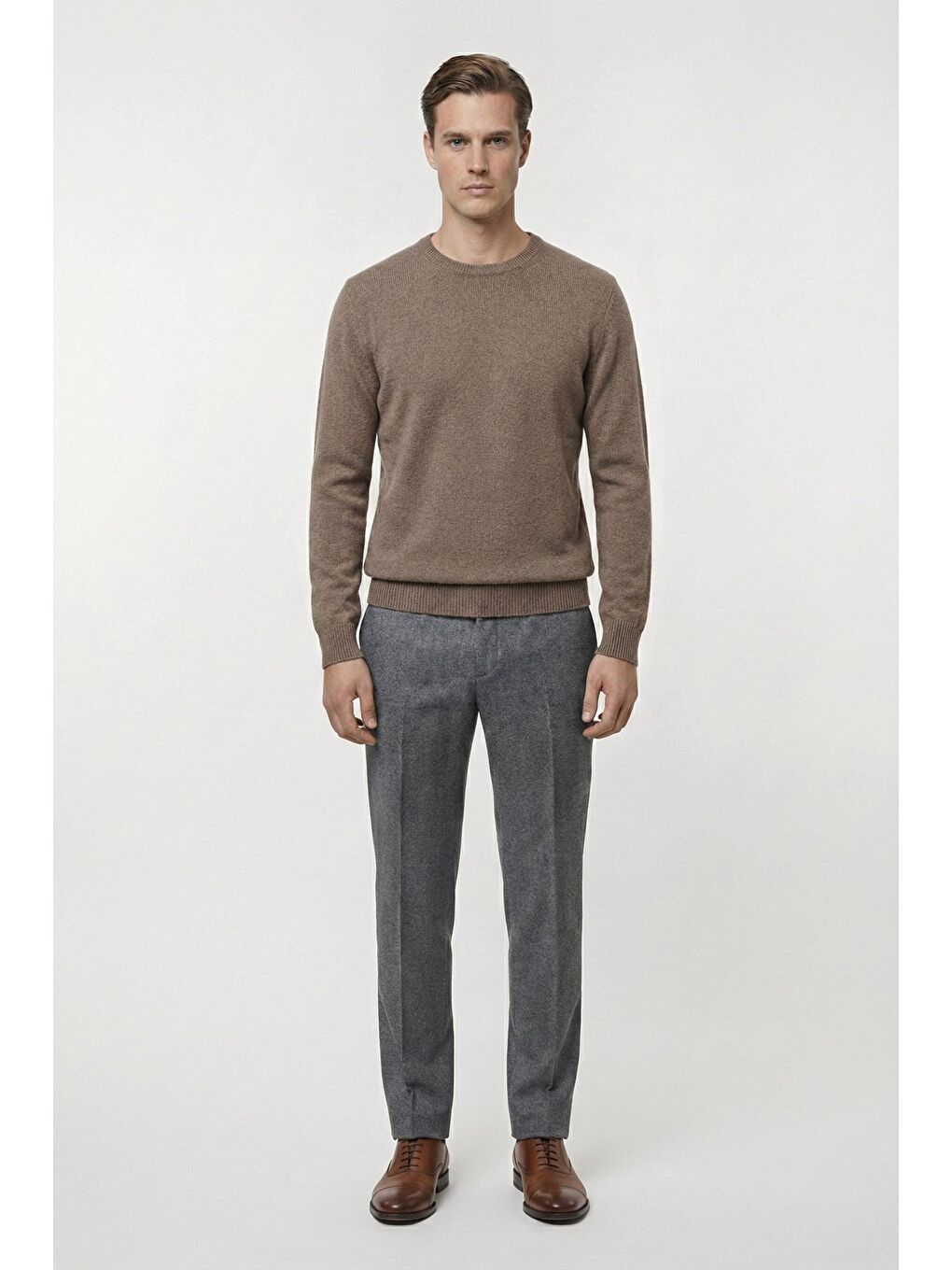 Bej Vizon Standart Fit Yün Karışımlı Bisiklet Yaka Düz Erkek Triko Kazak-1