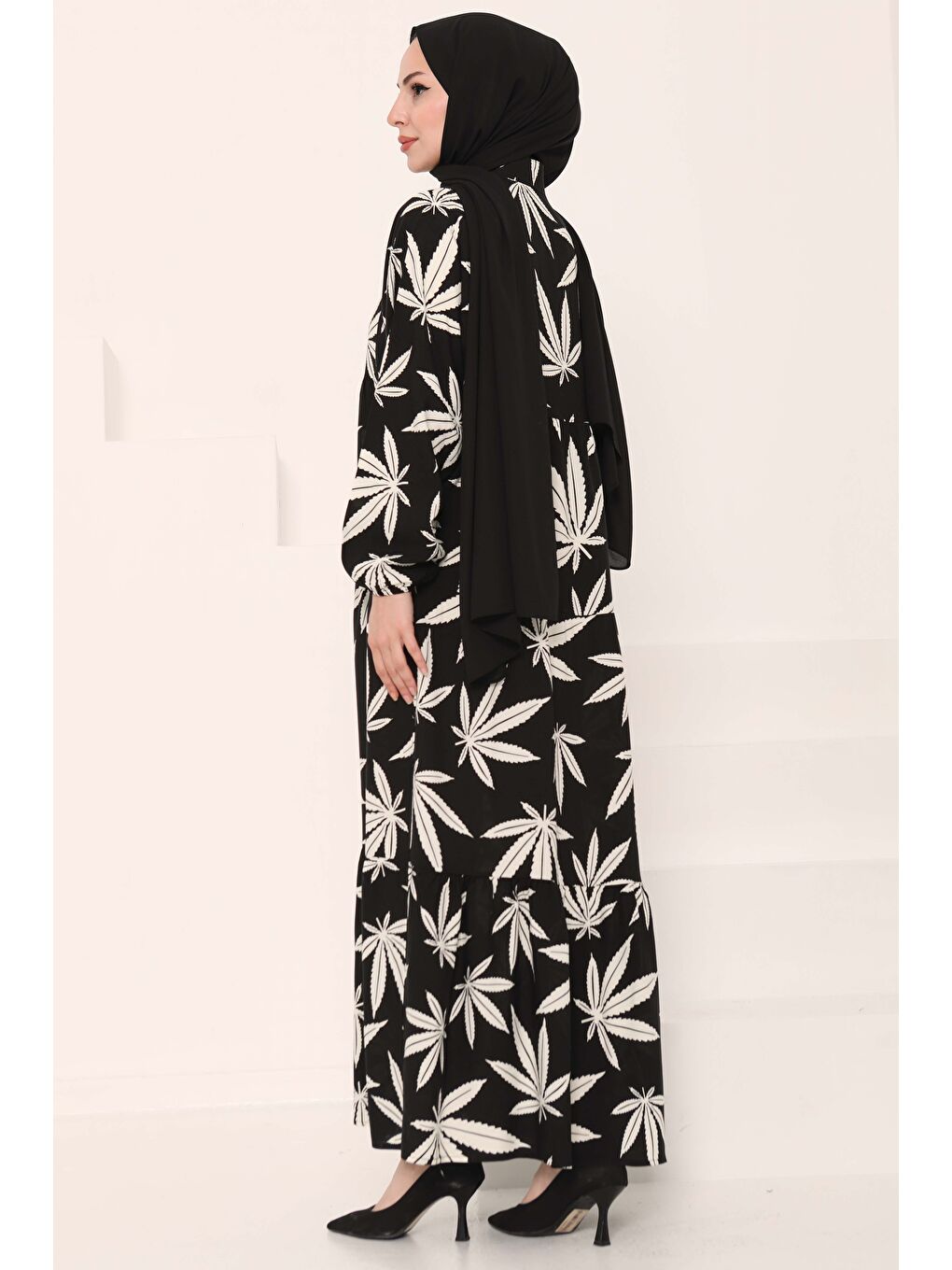 Desenli Düğmeli Elbise Siyah - 27038-9