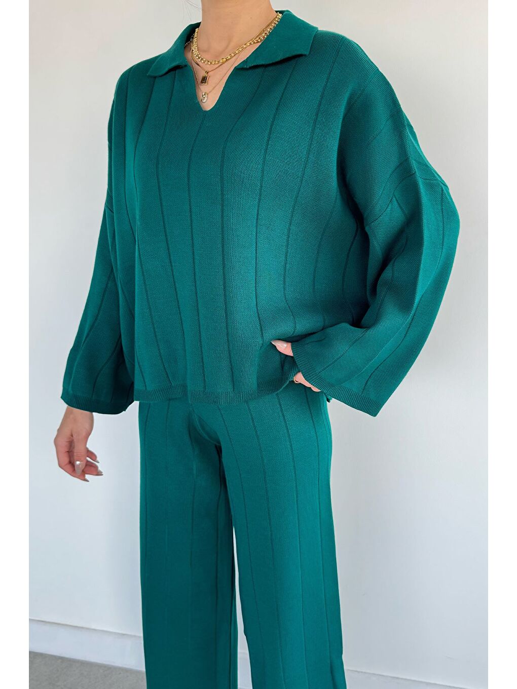 Yeşil Polo Yaka Bluz Pantolon Triko İkili Takım-2