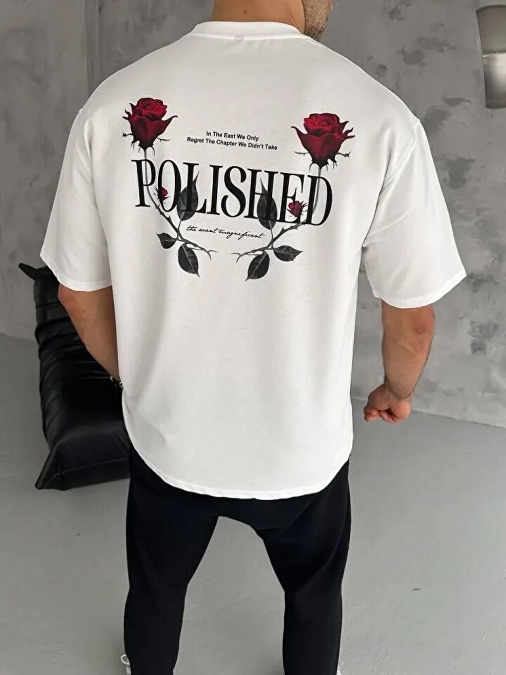 Unisex Bisiklet Yaka Baskılı Oversize T-Shirt - Beyaz-1