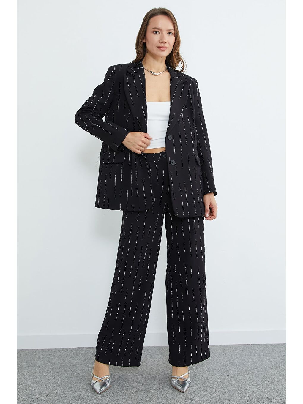 Siyah Fullamodest Taşlı Omuz Vatkalı Cepli 2 Li Takım-1