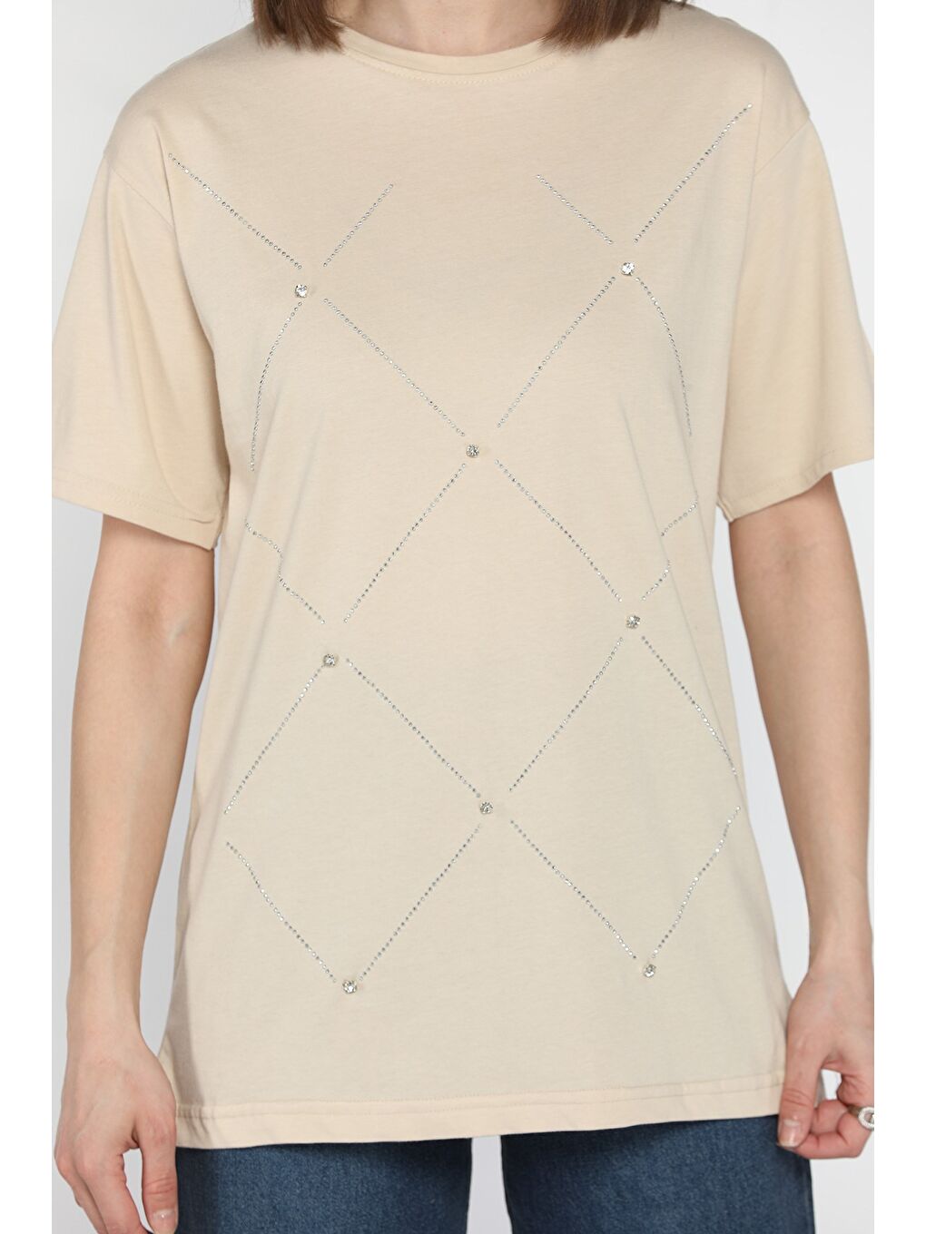Bej Taşlı Kadın Tişört-3