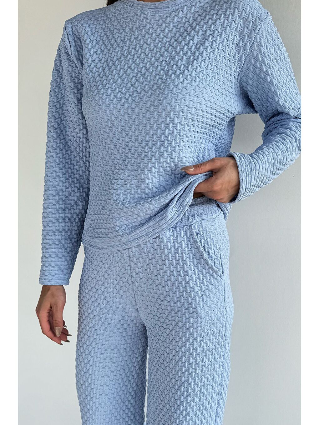 Mavi Kendinden Desenli Bluz Pantolon İkili Takım-2