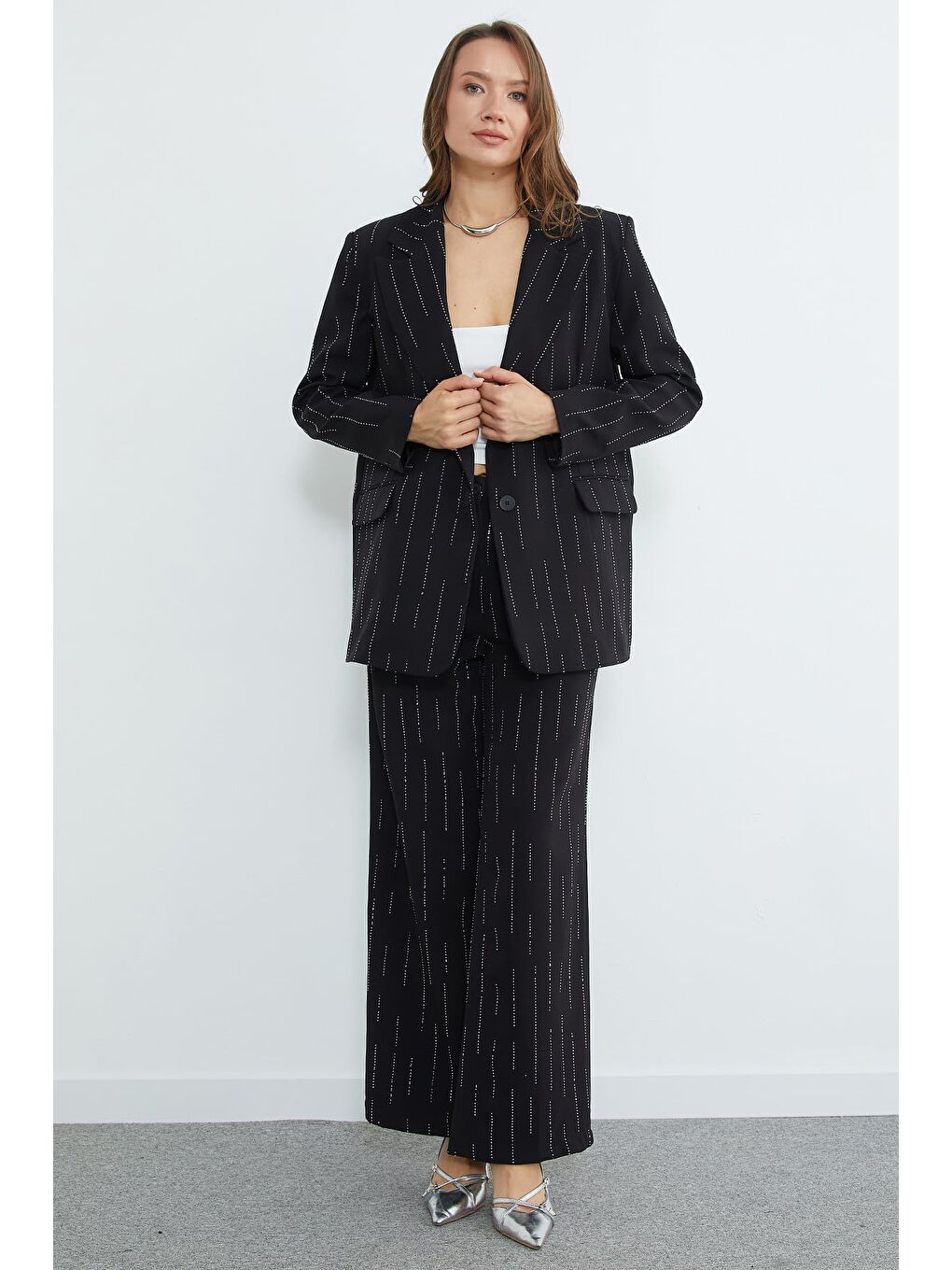 Siyah Fullamodest Taşlı Omuz Vatkalı Cepli 2 Li Takım-2