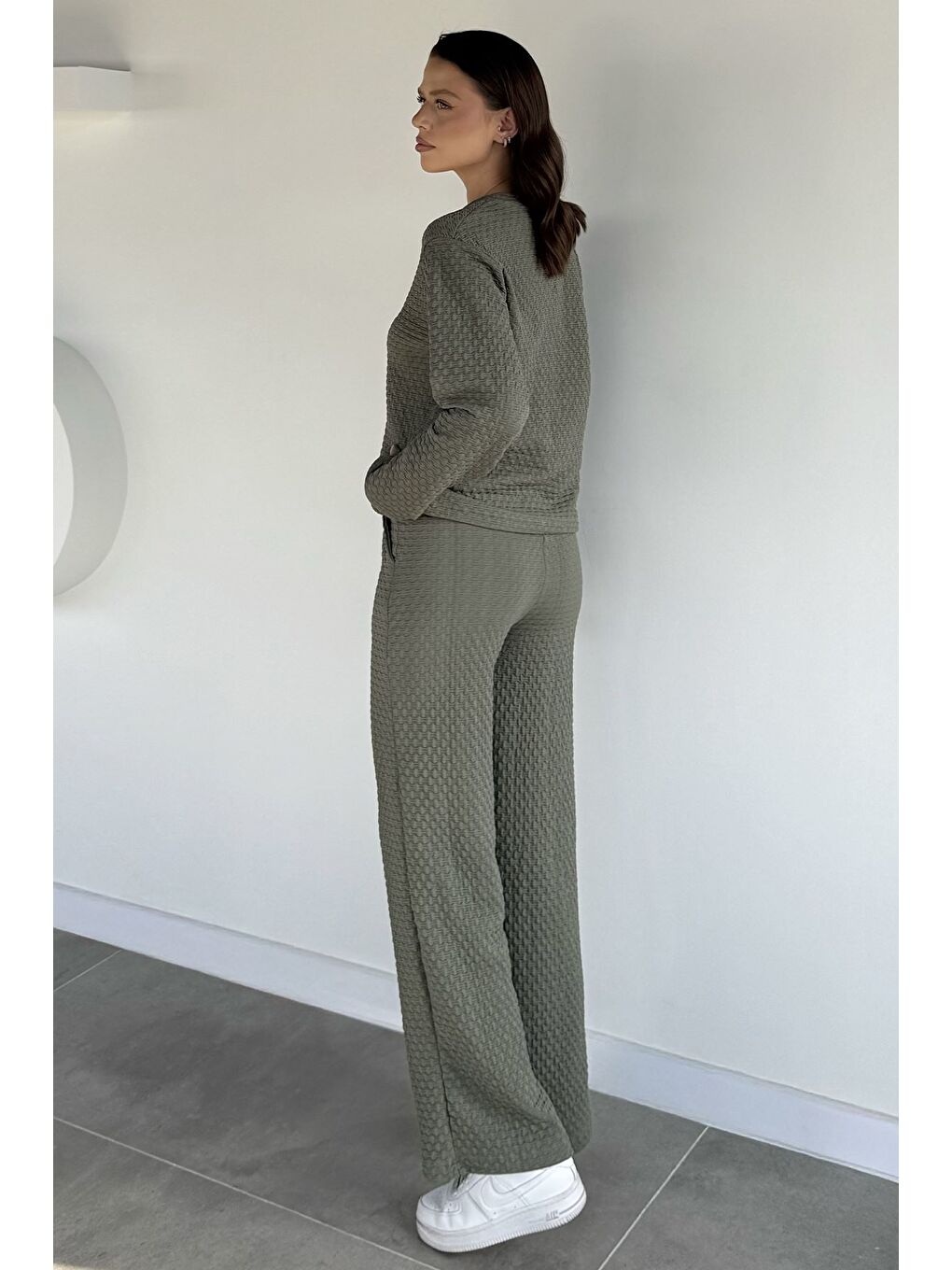 Haki Kendinden Desenli Bluz Pantolon İkili Takım-1