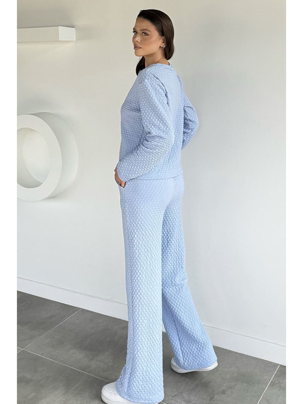 Mavi Kendinden Desenli Bluz Pantolon İkili Takım-3