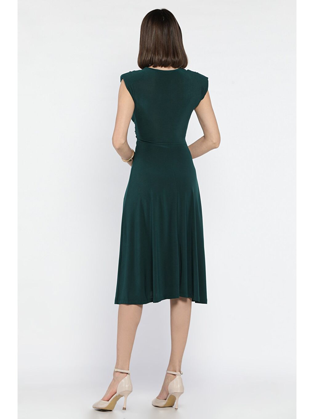 Yeşil Kadın V Yaka Omuz Vatkalı Pileli Kiloş Elbise-2