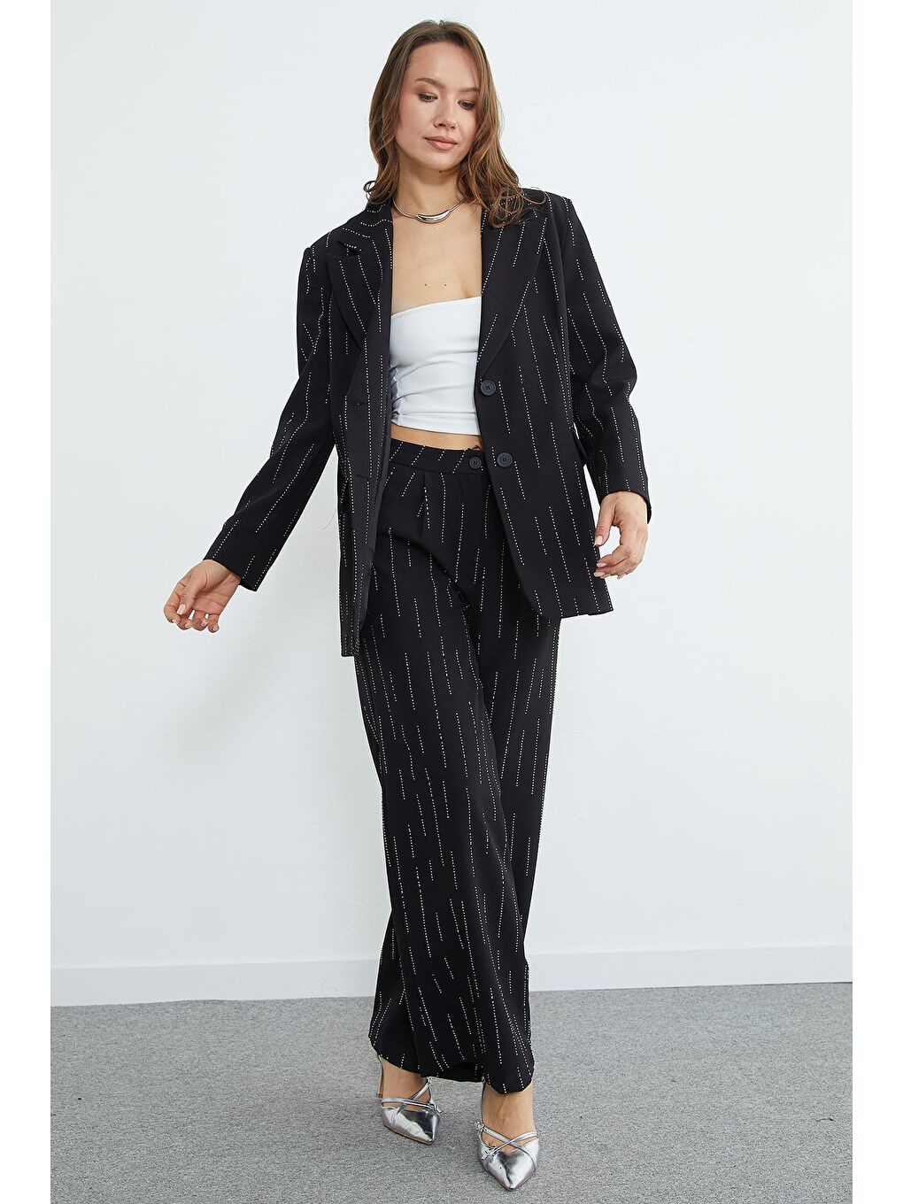 Siyah Fullamodest Taşlı Omuz Vatkalı Cepli 2 Li Takım-3