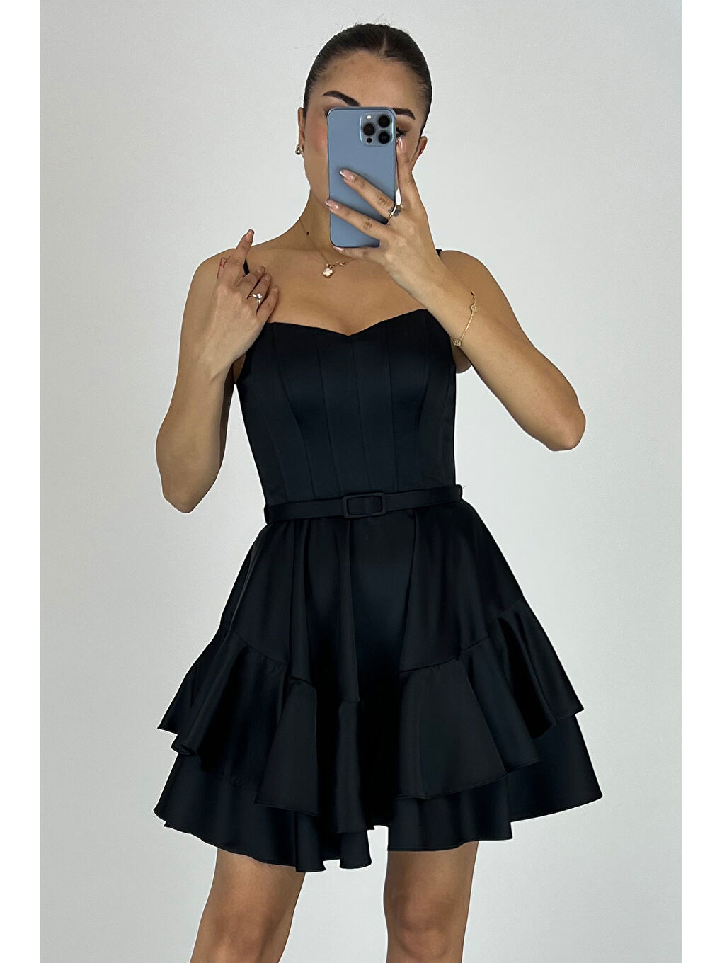 Kadın Siyah Askılı Kısa Saten Mezuniyet Abiye Elbise-2