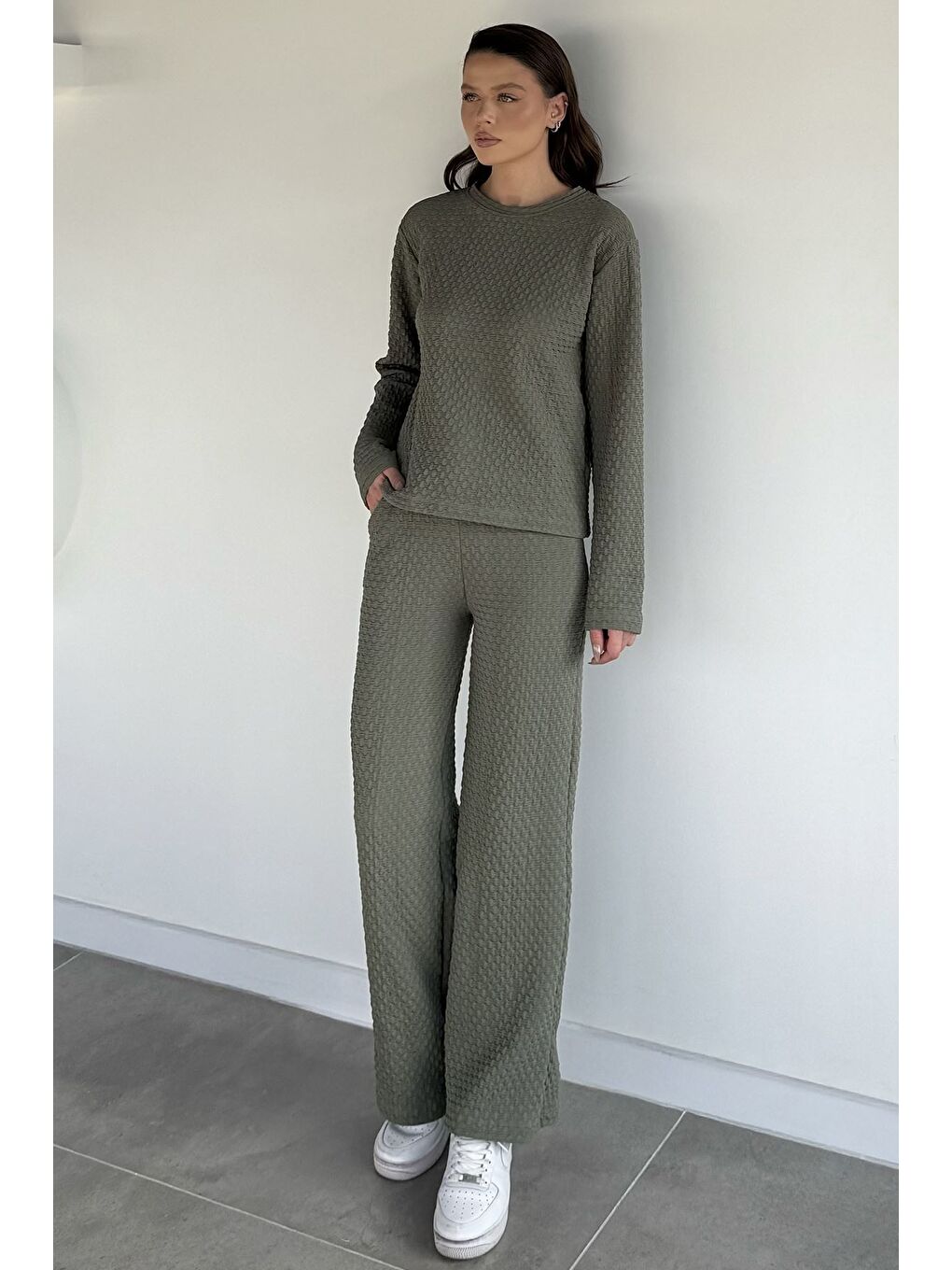 Haki Kendinden Desenli Bluz Pantolon İkili Takım-2