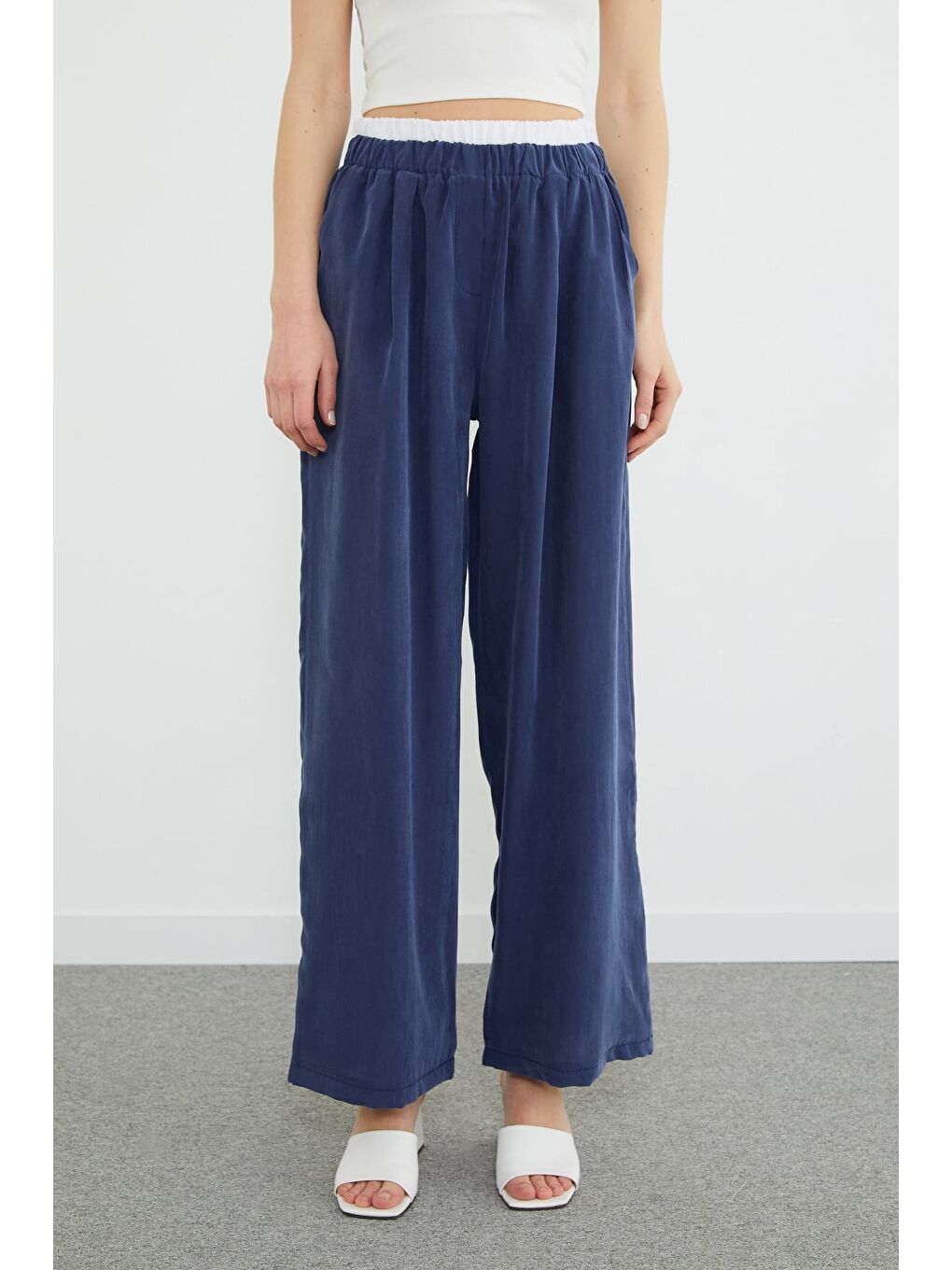 Lacivert Beli Garnili Lyocell Kumaş Pantolon-1