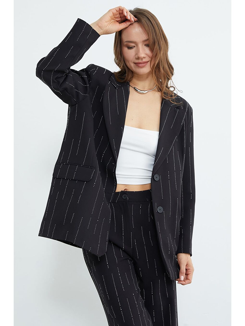 Siyah Fullamodest Taşlı Omuz Vatkalı Cepli 2 Li Takım-4