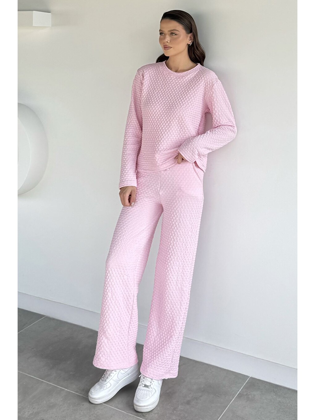 Pembe Kendinden Desenli Bluz Pantolon İkili Takım-1