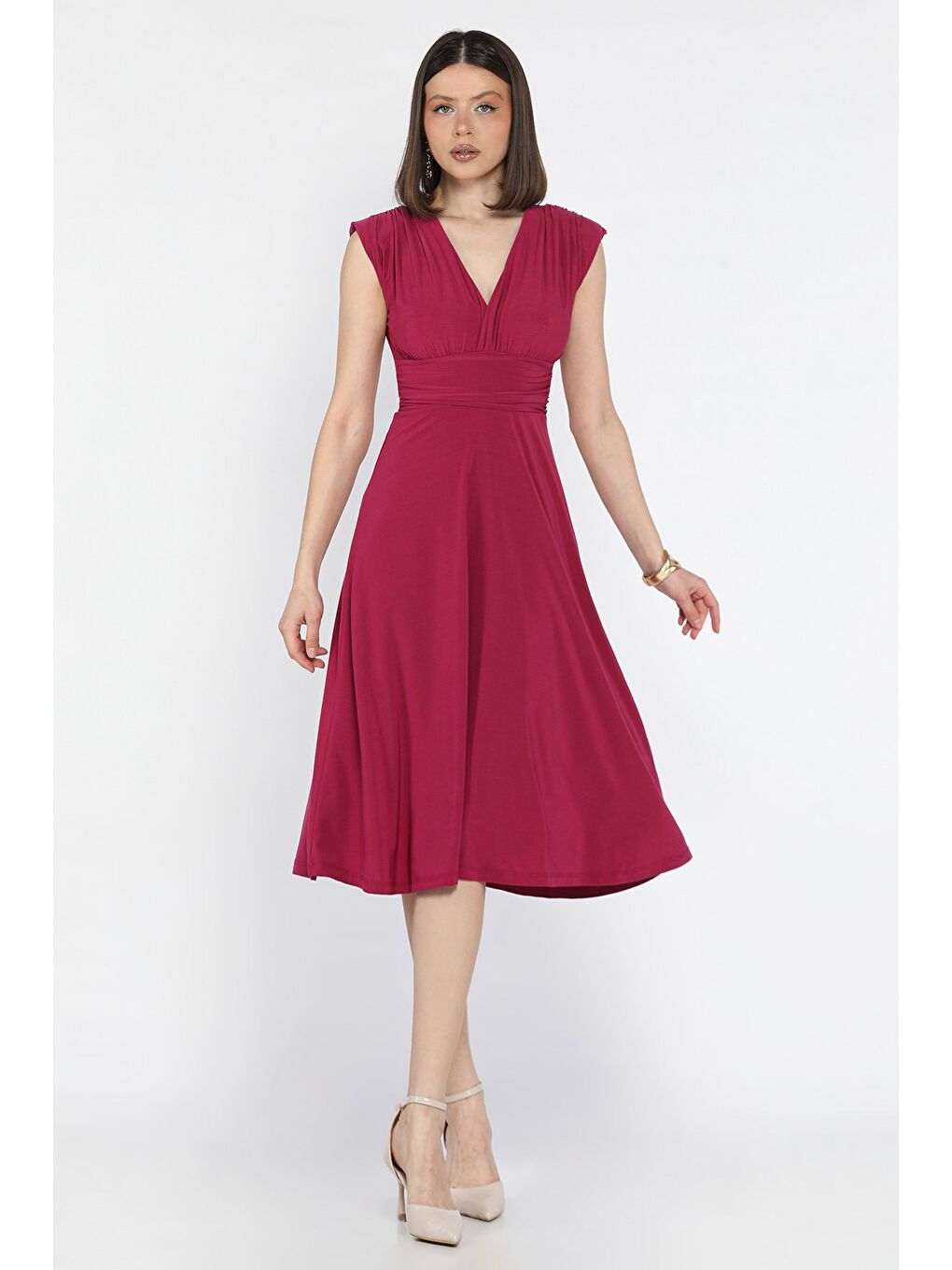 Mürdüm Kadın V Yaka Omuz Vatkalı Pileli Kiloş Elbise-1