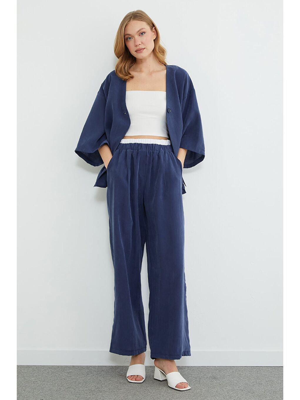 Lacivert Beli Garnili Lyocell Kumaş Pantolon-2