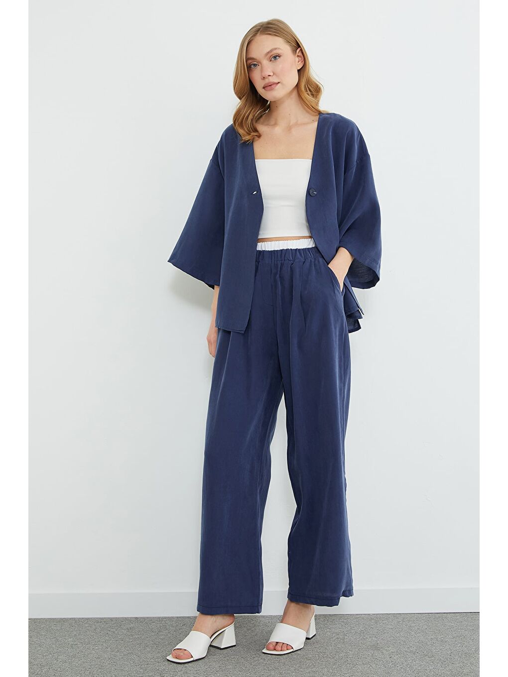 Lacivert Beli Garnili Lyocell Kumaş Pantolon-3