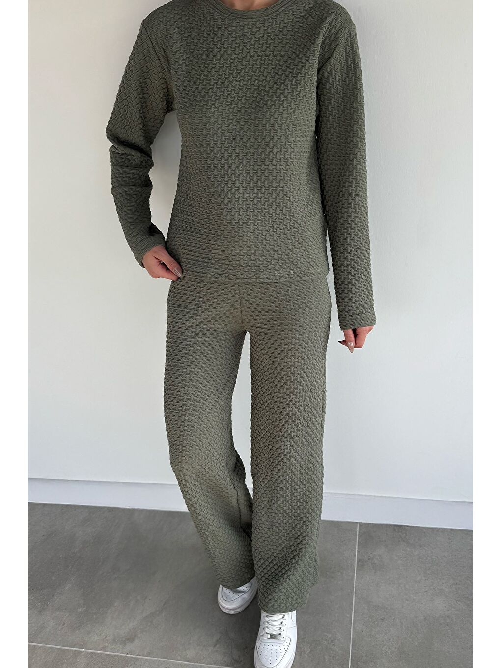 Haki Kendinden Desenli Bluz Pantolon İkili Takım-3