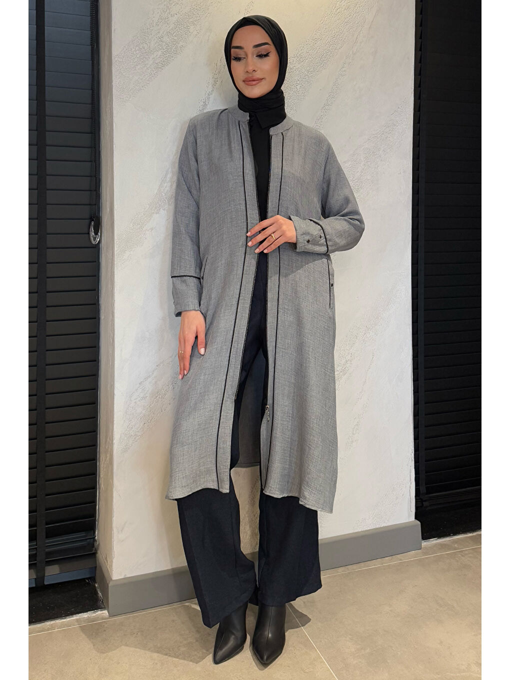Gri Büyük Beden Ön Fermuarlı Keten Tesettür Kap-1