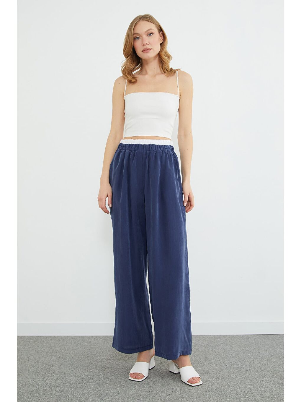 Lacivert Beli Garnili Lyocell Kumaş Pantolon-4