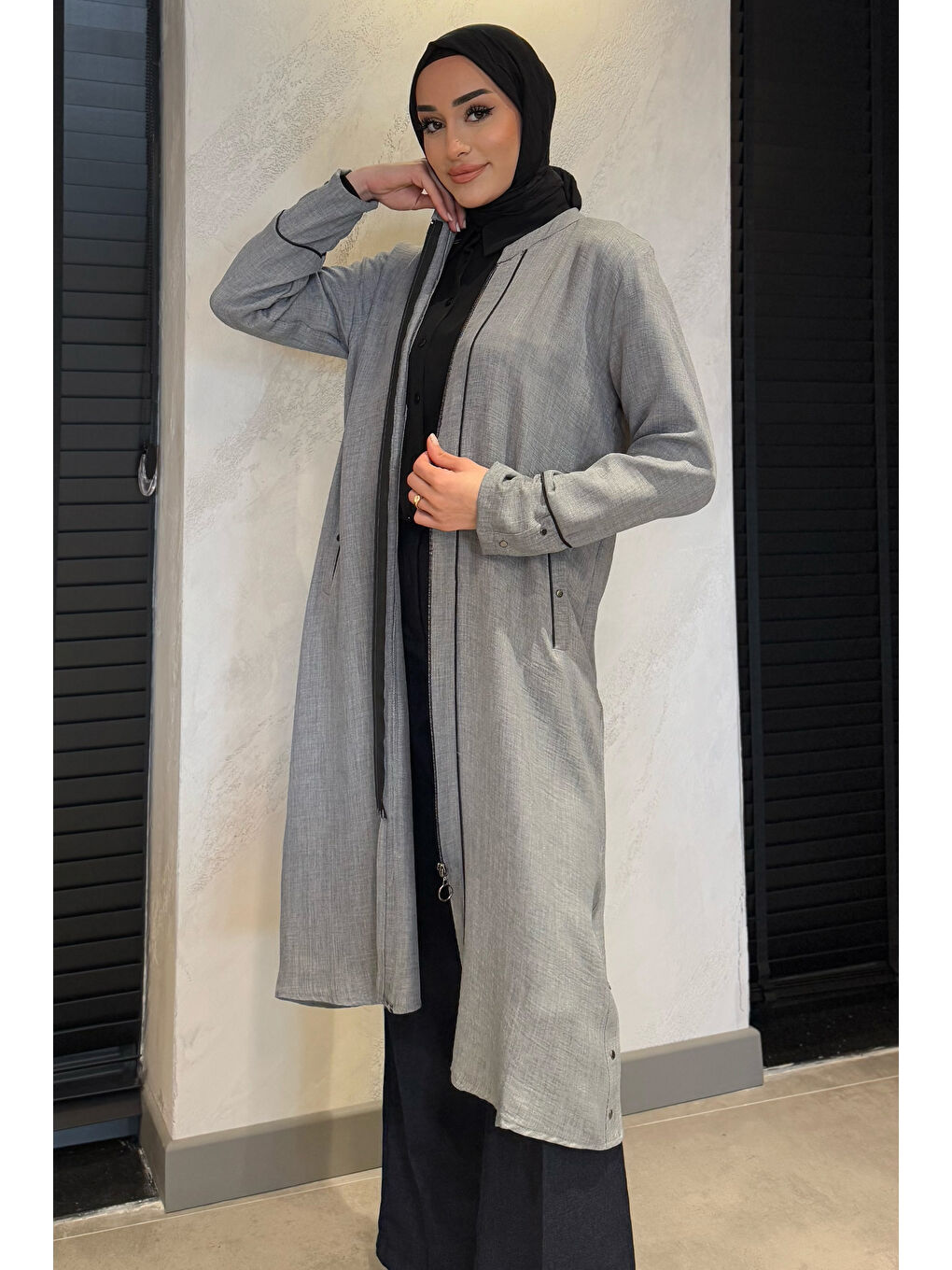 Gri Büyük Beden Ön Fermuarlı Keten Tesettür Kap-2
