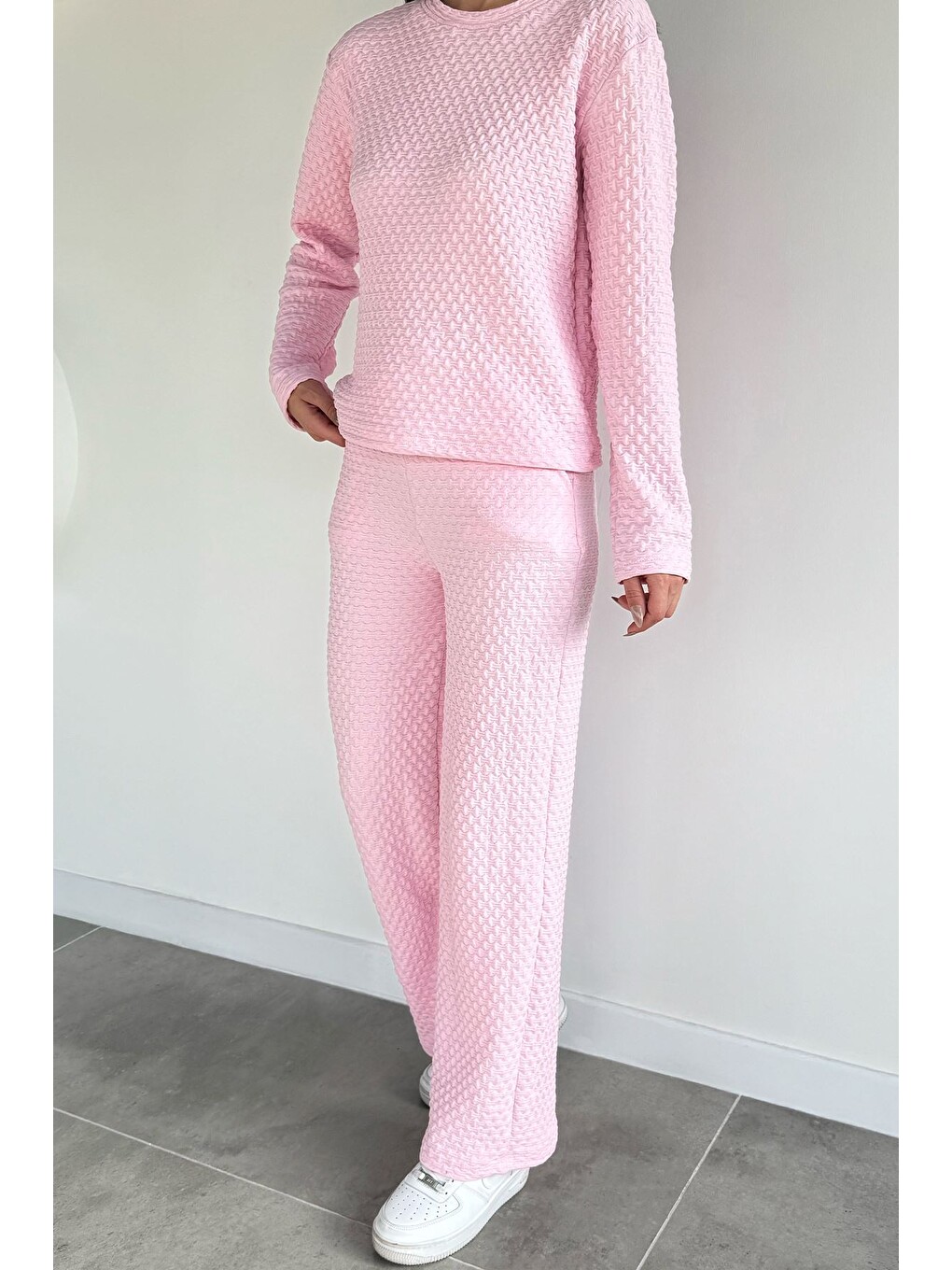 Pembe Kendinden Desenli Bluz Pantolon İkili Takım-2