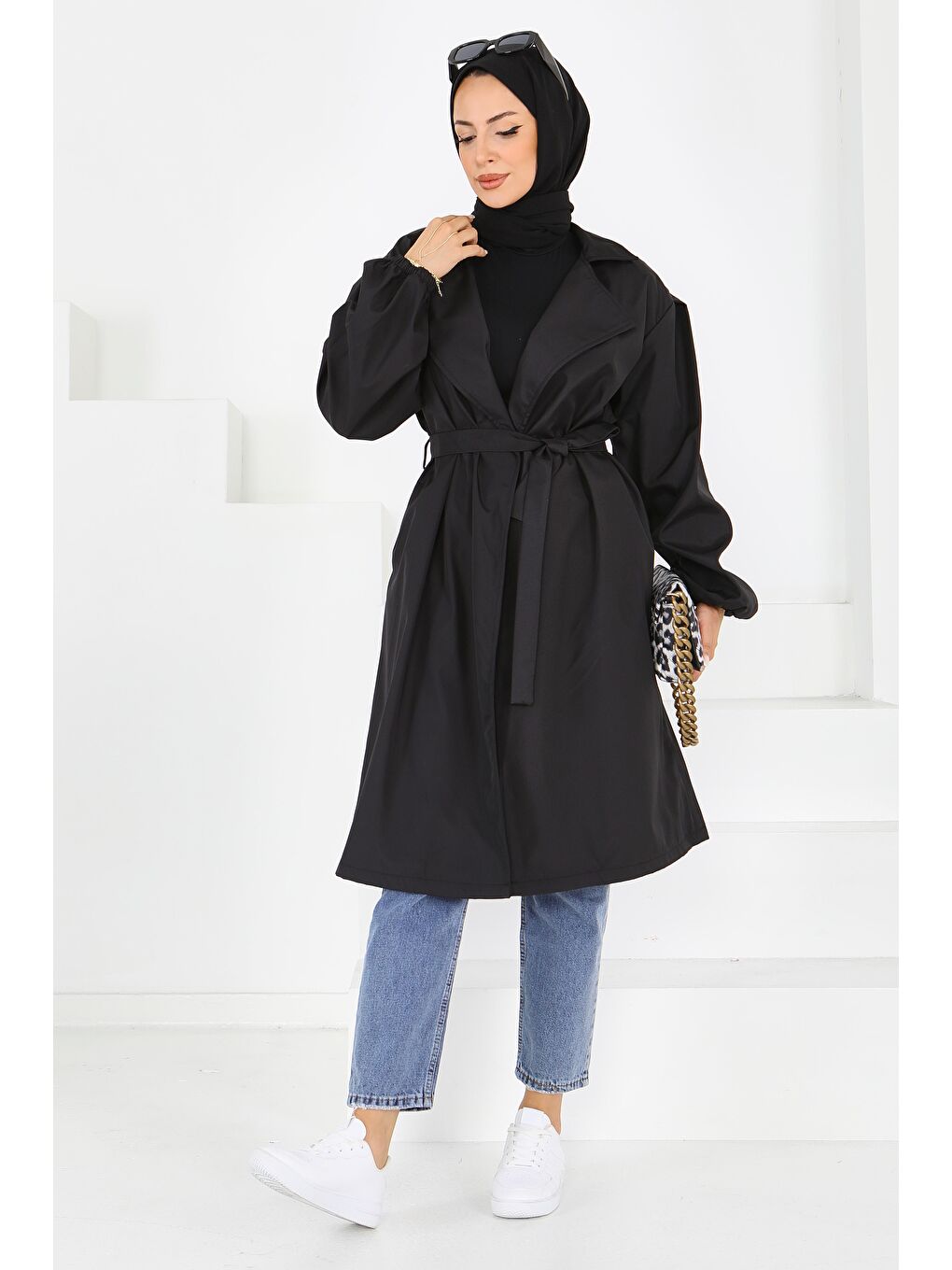 Kuşaklı Kolu Lastikli Miranda Trençkot Siyah - 27603-4