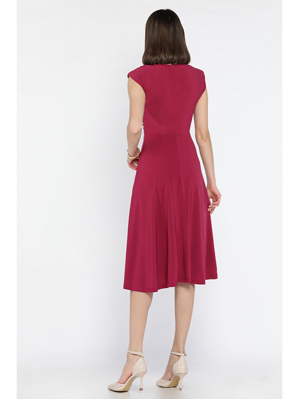 Mürdüm Kadın V Yaka Omuz Vatkalı Pileli Kiloş Elbise-2