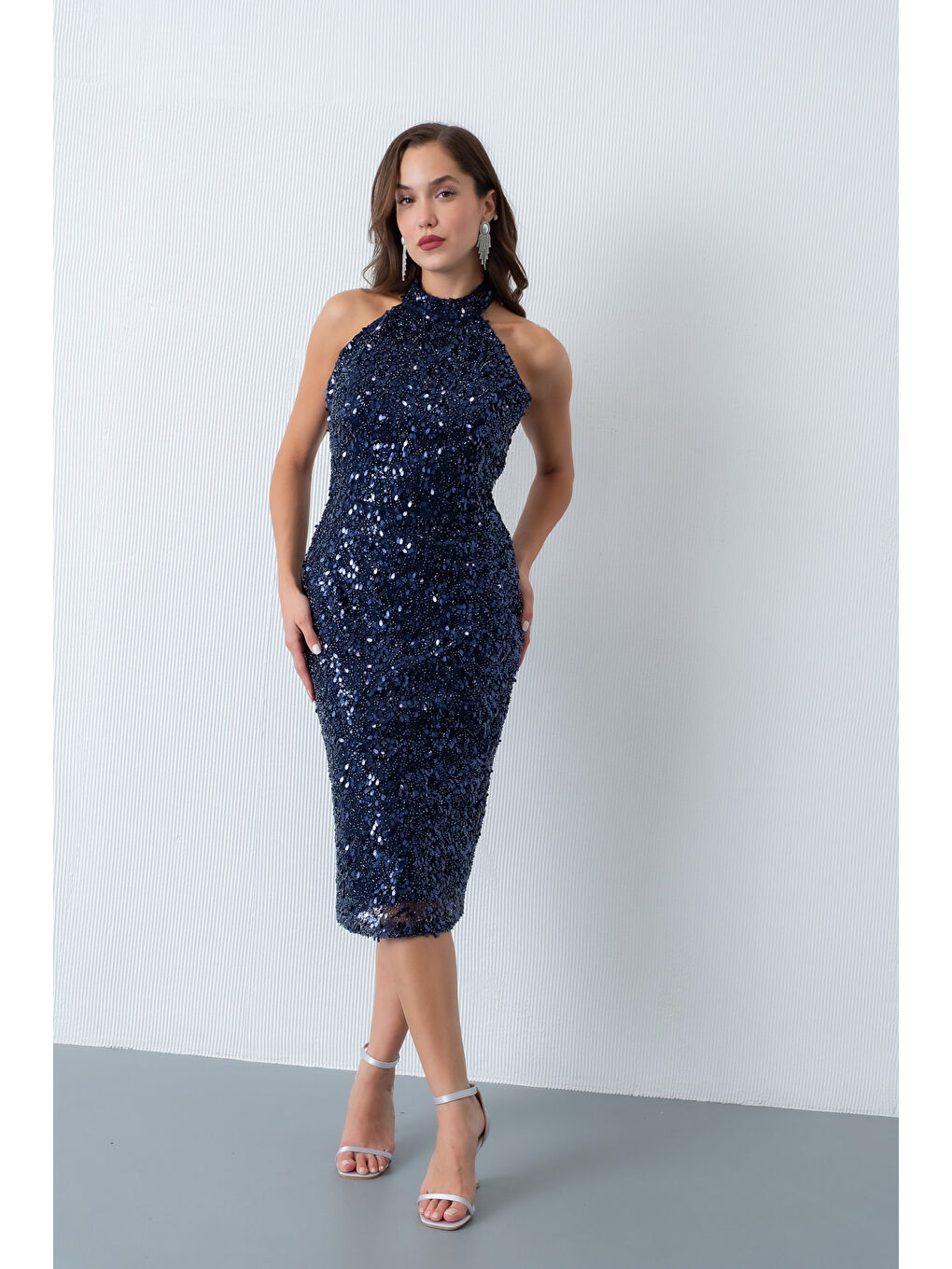 Kadın Lacivert Yaka Taş Detay Midi Abiye Elbise-1