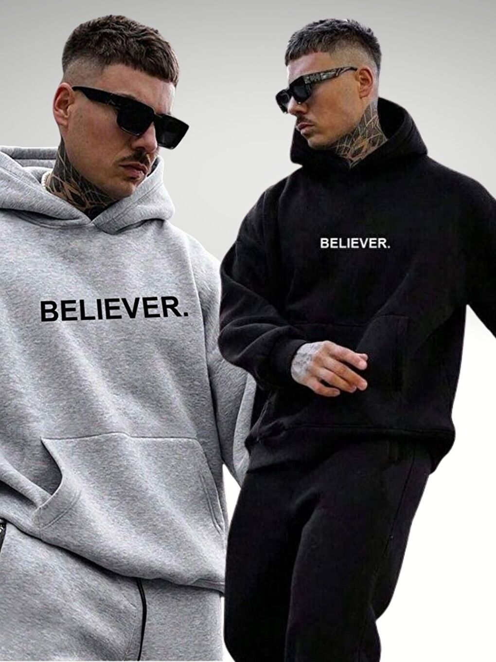 2Li Set Gri+Siyah Believer Baskılı Pamuklu Oversize Kapüşonlu Sweatshirt Hoodie-1