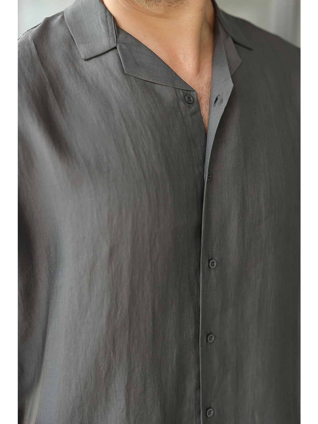 Gri Füme Kumaş Erkek Şort Gömlek Takım E7352-2