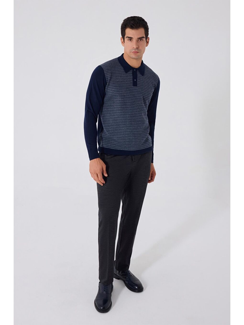 Lacivert-Gri Regular Fit Yün Karışımlı Polo Yaka Triko Kazak