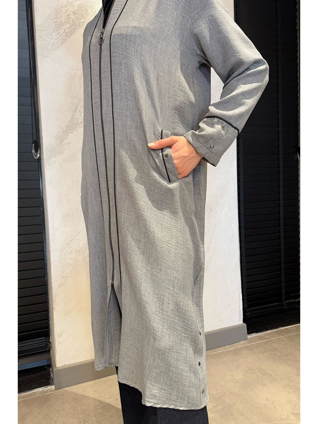 Gri Büyük Beden Ön Fermuarlı Keten Tesettür Kap-5