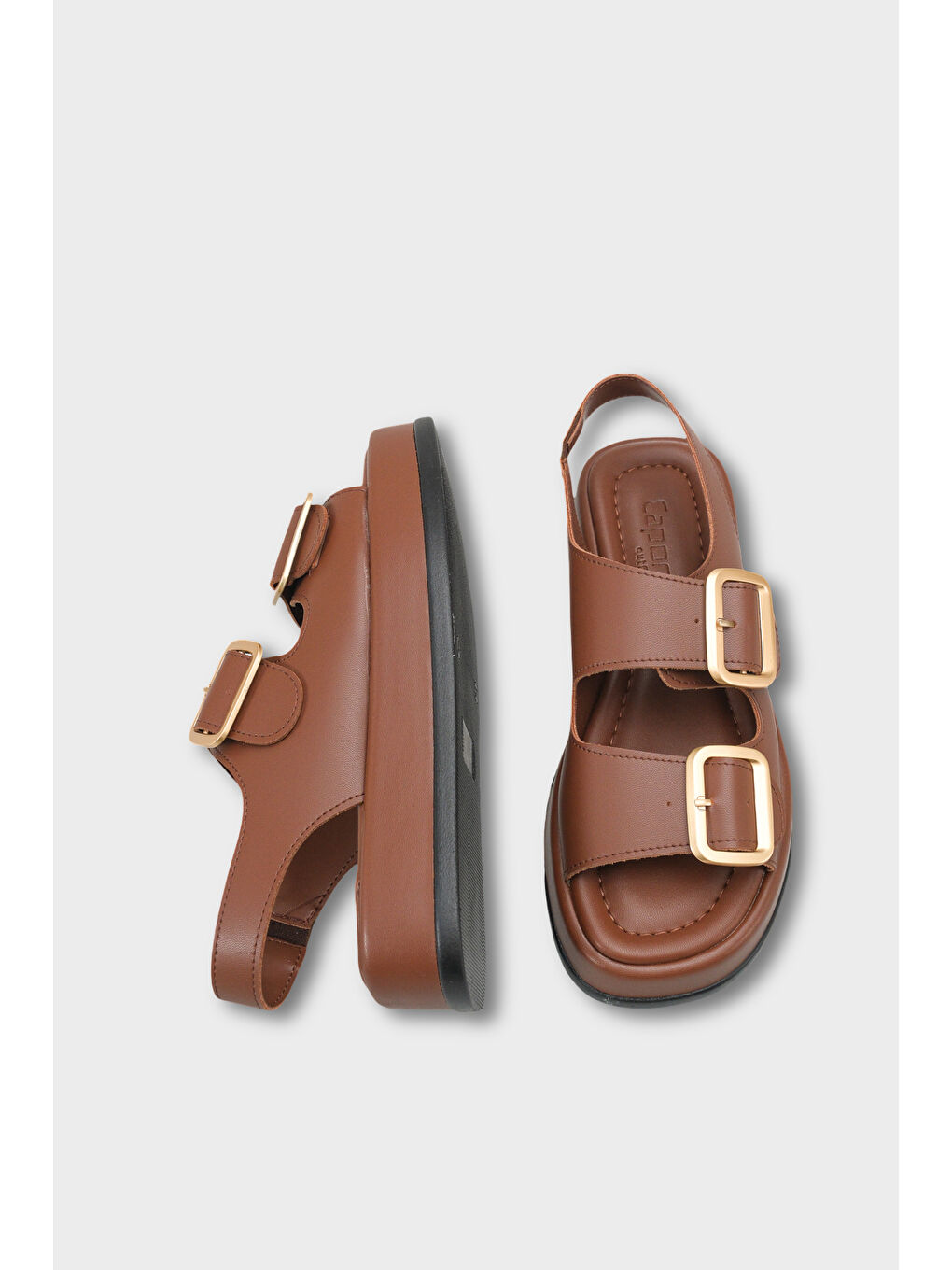 Kahverengi Denice Dolgu Topuklu Çift Bantlı Tokalı Kadın Sandalet-4