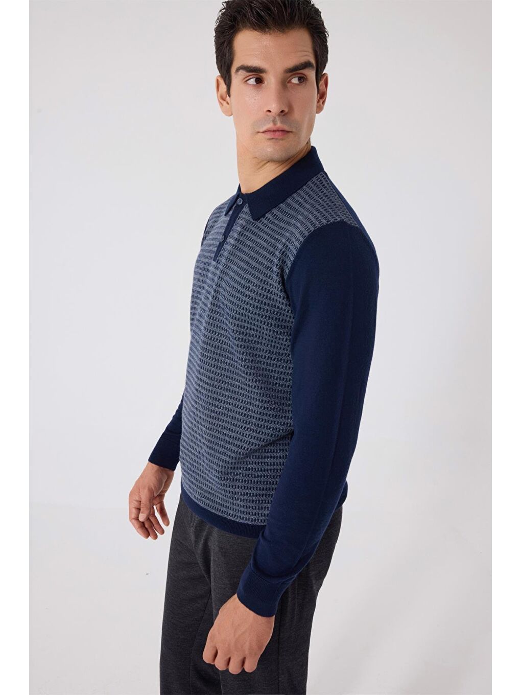 Lacivert-Gri Regular Fit Yün Karışımlı Polo Yaka Triko Kazak-1