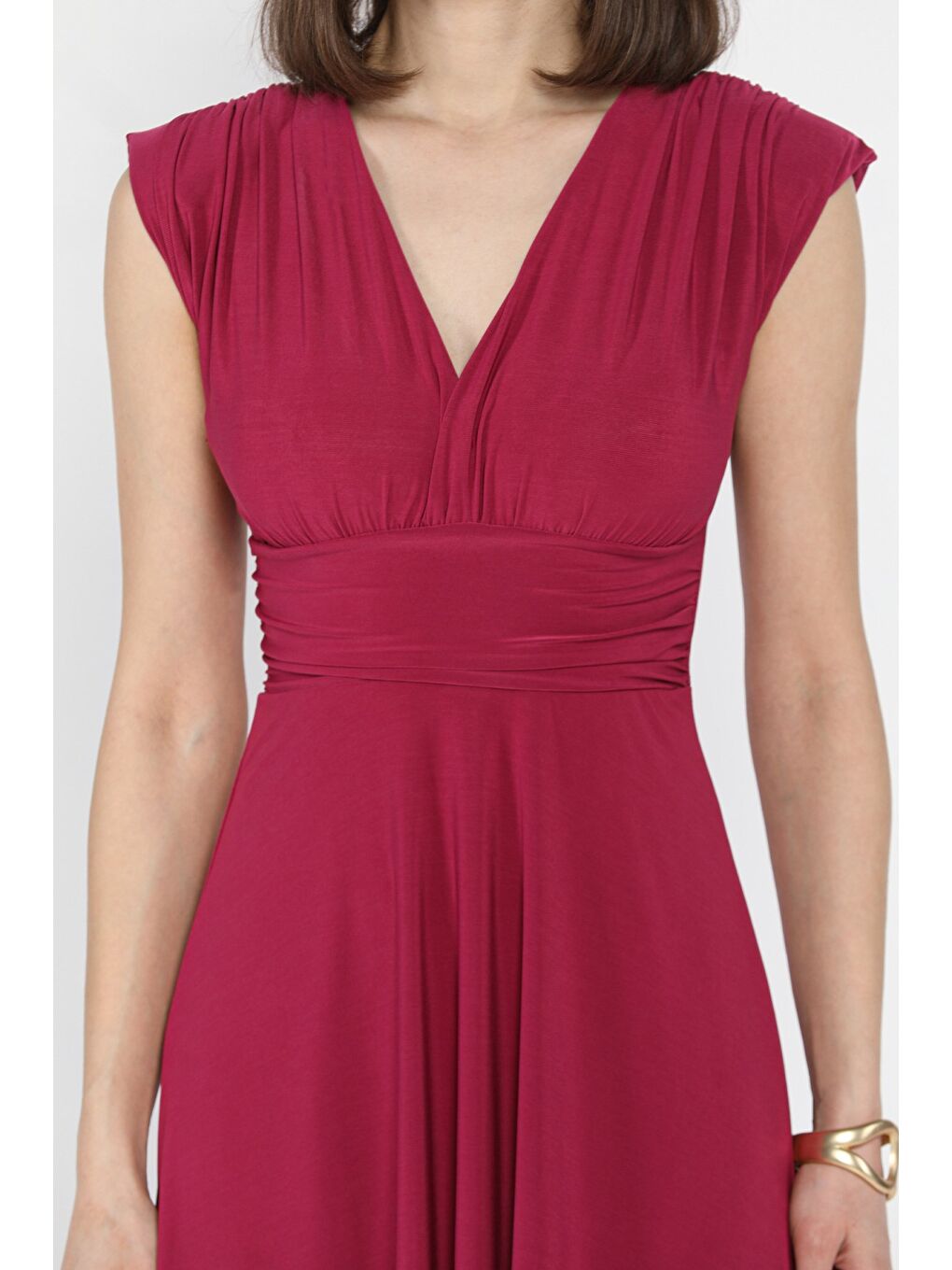 Mürdüm Kadın V Yaka Omuz Vatkalı Pileli Kiloş Elbise-3