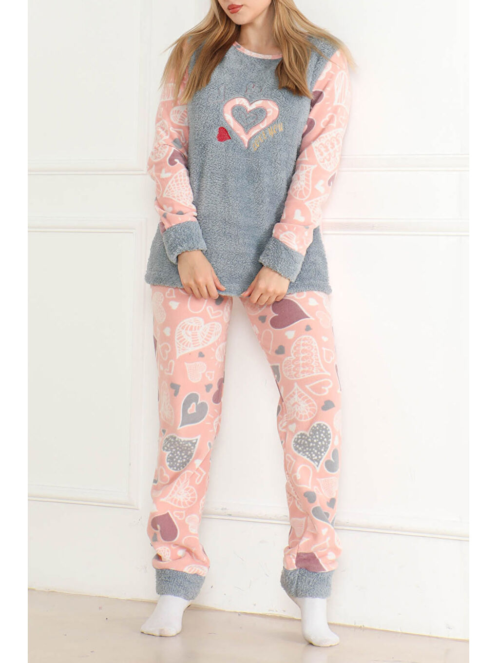 Nakışlı Pelüş Polar Pijama Takım Bebe Mavi   26635-1