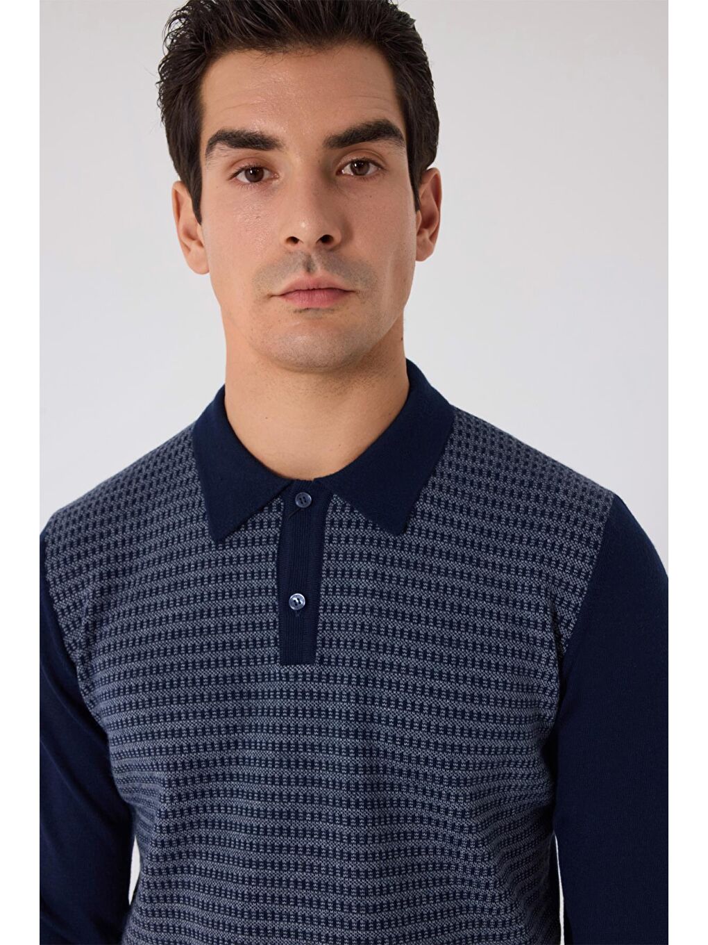 Lacivert-Gri Regular Fit Yün Karışımlı Polo Yaka Triko Kazak-2