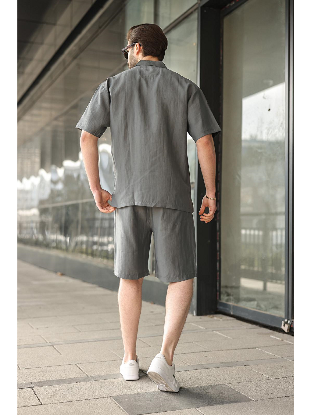 Gri Füme Kumaş Erkek Şort Gömlek Takım E7352-3