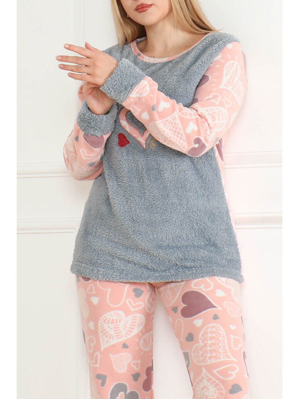 Nakışlı Pelüş Polar Pijama Takım Bebe Mavi   26635-2