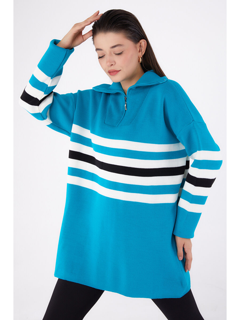 Çizgili Triko Tunik Turkuaz - 26419