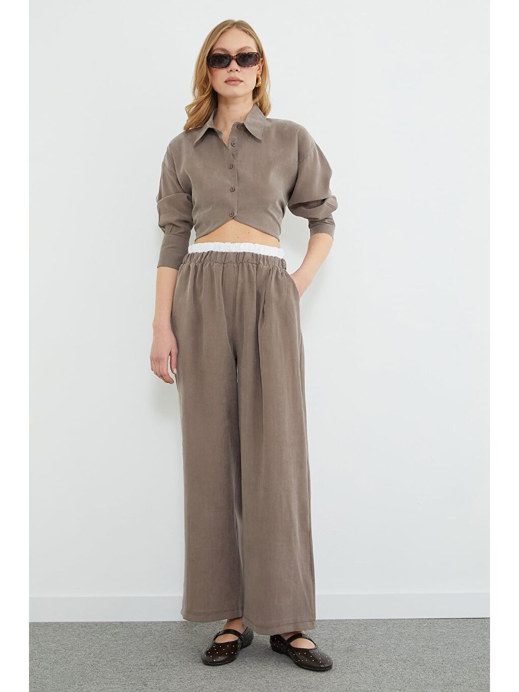 Bej Beli Garnili Lyocell Kumaş Pantolon-1