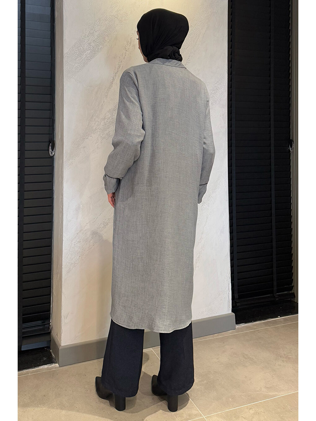 Gri Büyük Beden Ön Fermuarlı Keten Tesettür Kap-7