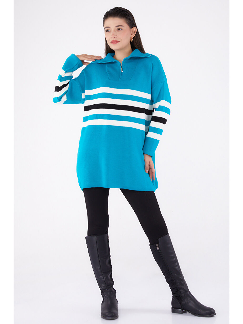 Çizgili Triko Tunik Turkuaz - 26419-1