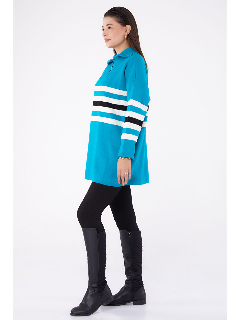 Çizgili Triko Tunik Turkuaz - 26419-2