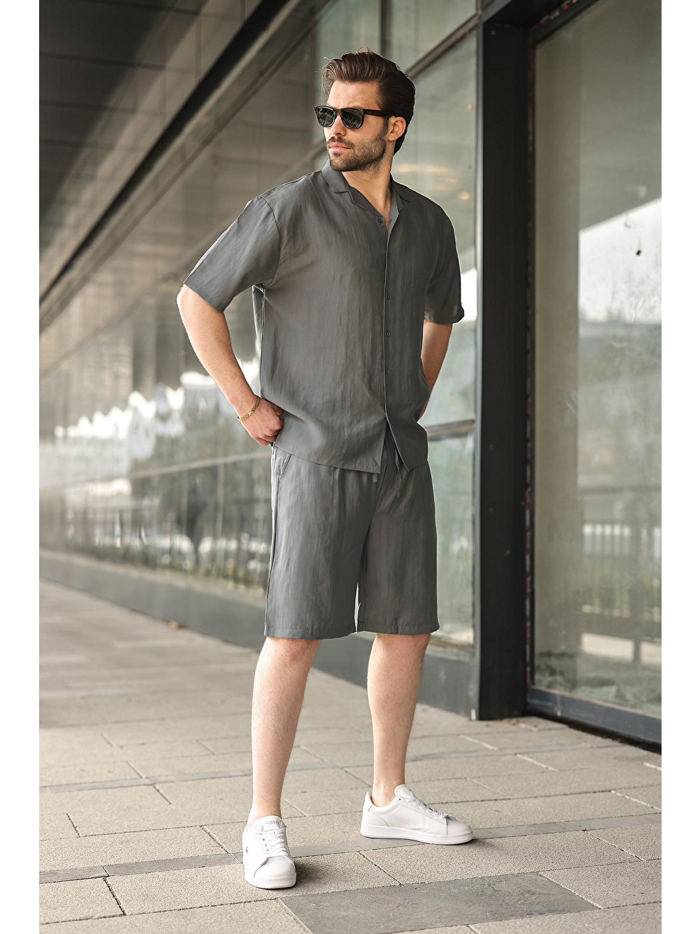 Gri Füme Kumaş Erkek Şort Gömlek Takım E7352-4