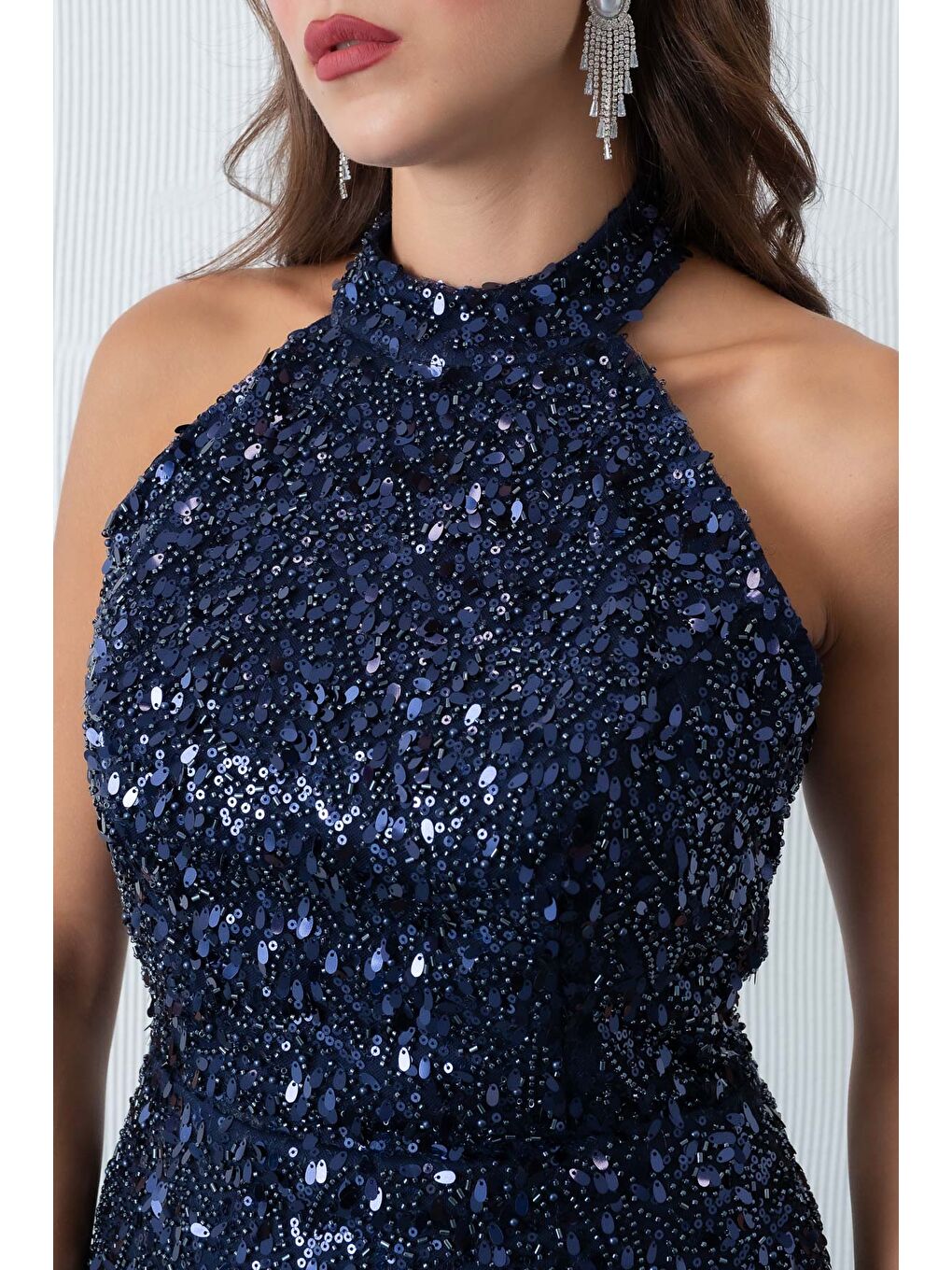 Kadın Lacivert Yaka Taş Detay Midi Abiye Elbise-2