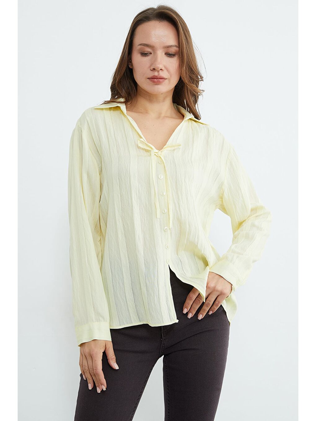 Sarı Önü Bağlamalı Düğmeli Salaş Gömlek-2