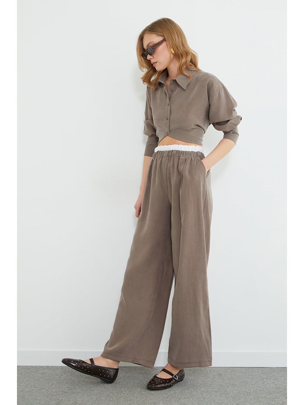 Bej Beli Garnili Lyocell Kumaş Pantolon-2