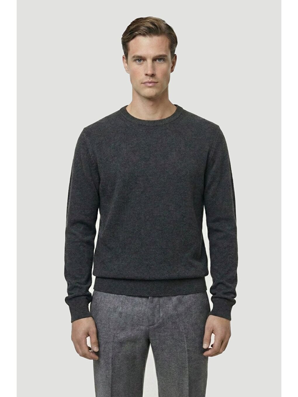 Antrasit Standart Fit Yün Karışımlı Bisiklet Yaka Düz Erkek Triko Kazak