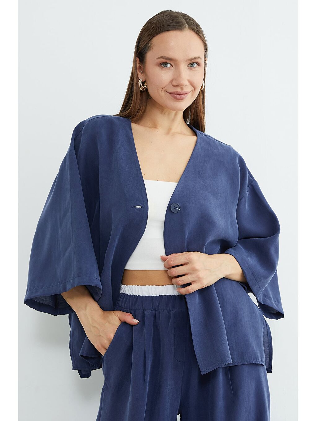 Lacivert Tek Düğmeli Lyocell Kumaş Oversize Ceket